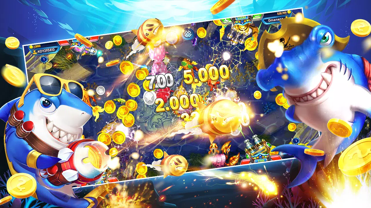 หน้าจอเกมยิงปลาที่มีเป้าหมายใต้น้ำและเอฟเฟกต์การยิง