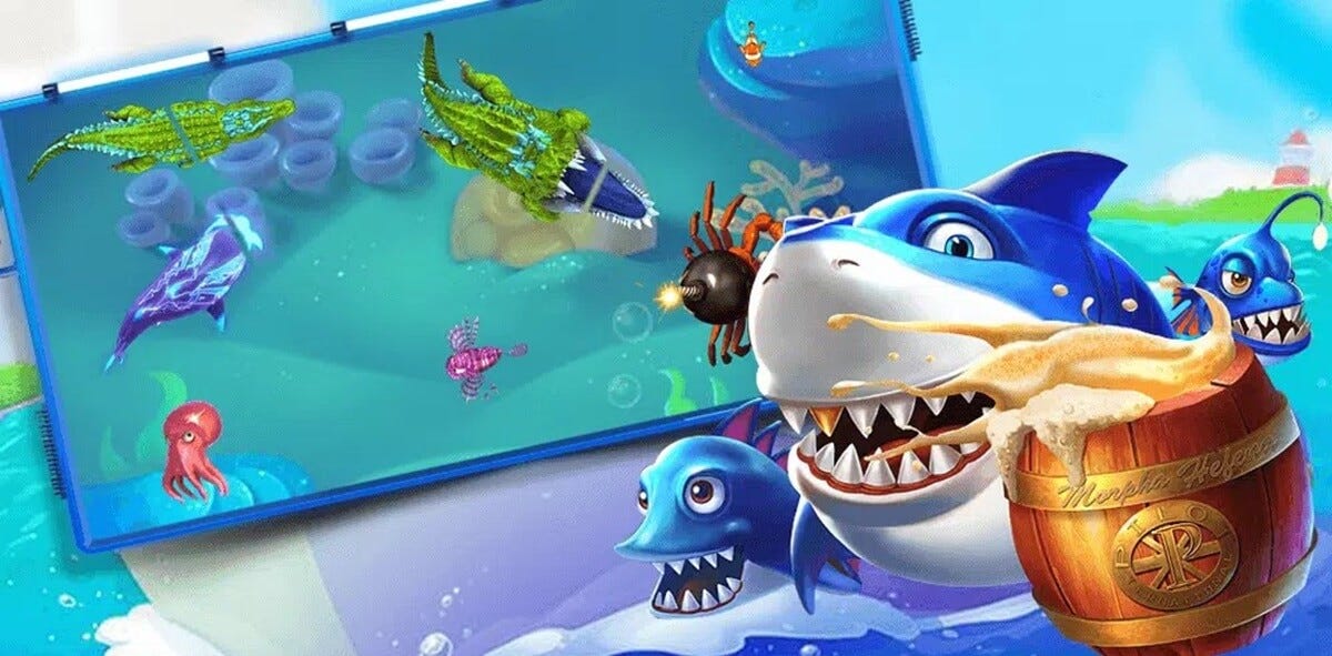 ฉากเกมยิงปลาสีสันสดใสสำหรับการเลือกเป้าหมายและควบคุมแรงยิง